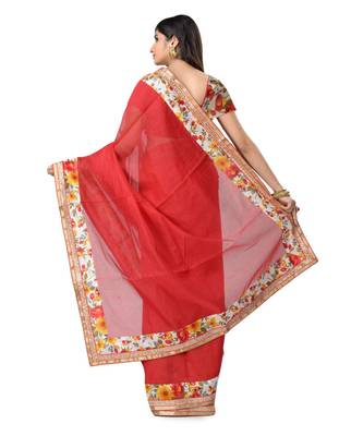 Red Embroidered Super_Net Saree With Blouse 3