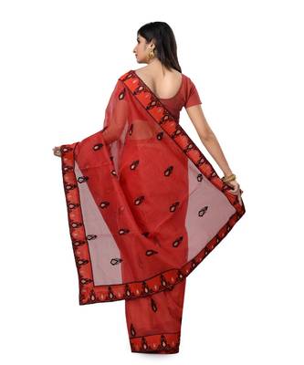 Red Embroidered Super_Net Saree With Blouse 3
