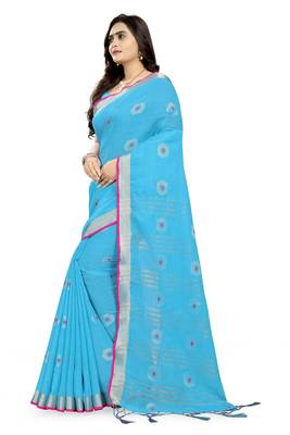 Blue Printed Linen Saree With Blouse 2
