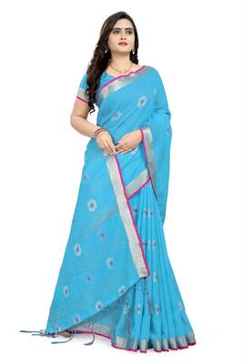Blue Printed Linen Saree With Blouse 3