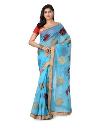 Turquoise Embroidered Super_Net Saree With Blouse 1