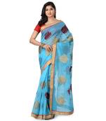 Turquoise Embroidered Super_Net Saree With Blouse