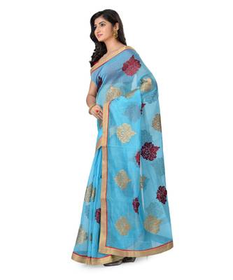 Turquoise Embroidered Super_Net Saree With Blouse 2