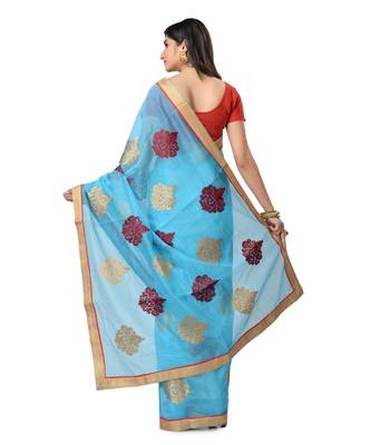 Turquoise Embroidered Super_Net Saree With Blouse 3