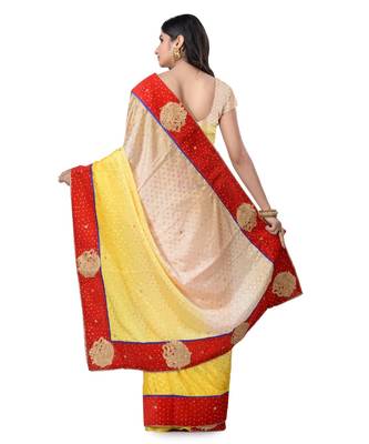 Yellow Embroidered Jacquard Saree With Blouse 3