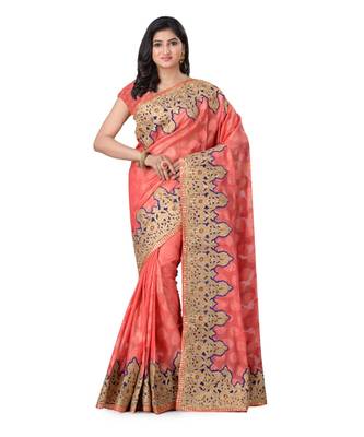 Pink Embroidered Jacquard Saree With Blouse 1