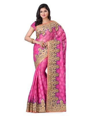 Magenta Embroidered Jacquard Saree With Blouse 1
