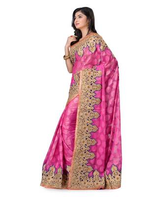 Magenta Embroidered Jacquard Saree With Blouse 2