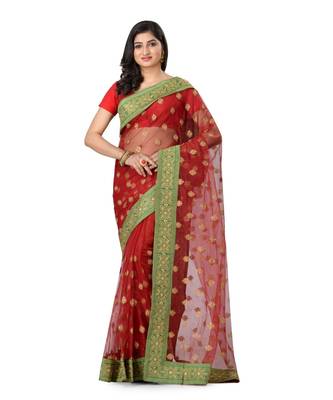 Red Embroidered Super_Net Saree With Blouse 1