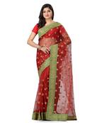 Red Embroidered Super_Net Saree With Blouse