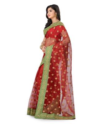 Red Embroidered Super_Net Saree With Blouse 2