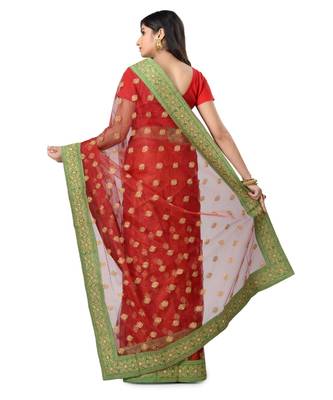 Red Embroidered Super_Net Saree With Blouse 3
