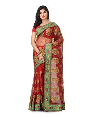Red Embroidered Super_Net Saree With Blouse 1