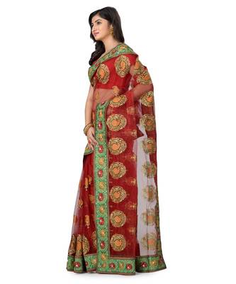 Red Embroidered Super_Net Saree With Blouse 2