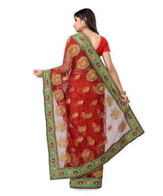 Red Embroidered Super_Net Saree With Blouse 3