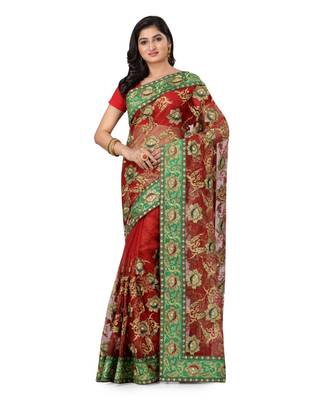 Red Embroidered Super_Net Saree With Blouse 1