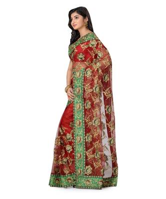 Red Embroidered Super_Net Saree With Blouse 2