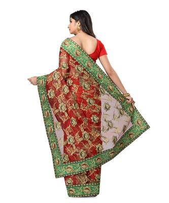 Red Embroidered Super_Net Saree With Blouse 3