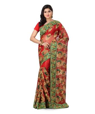 Red Embroidered Super_Net Saree With Blouse 1