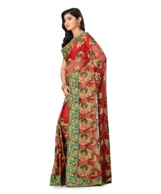 Red Embroidered Super_Net Saree With Blouse 2