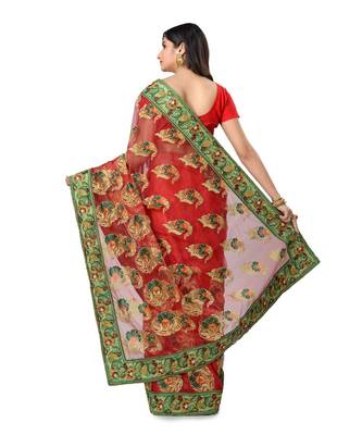 Red Embroidered Super_Net Saree With Blouse 3