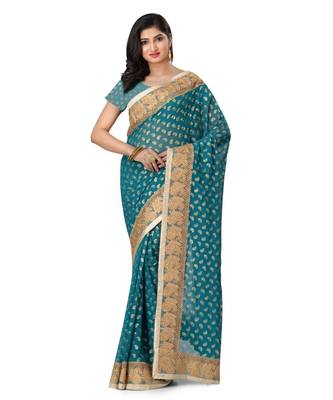 Blue Embroidered Brasso Saree With Blouse 1