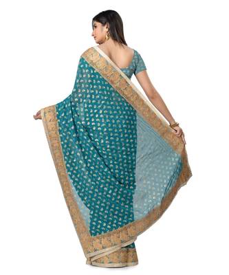 Blue Embroidered Brasso Saree With Blouse 3