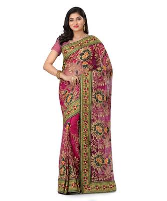 Magenta Embroidered Super_Net Saree With Blouse 1