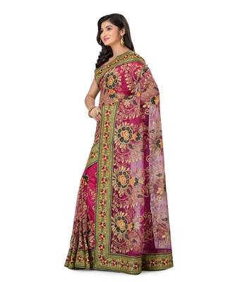 Magenta Embroidered Super_Net Saree With Blouse 2
