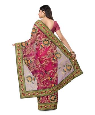 Magenta Embroidered Super_Net Saree With Blouse 3