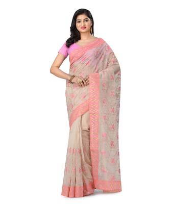 Cream Embroidered Super_Net Saree With Blouse 1