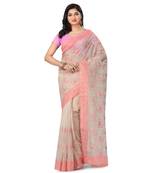 Cream Embroidered Super_Net Saree With Blouse