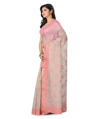 Cream Embroidered Super_Net Saree With Blouse 2
