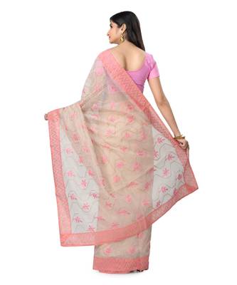 Cream Embroidered Super_Net Saree With Blouse 3