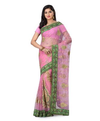 Pink Embroidered Super_Net Saree With Blouse 1