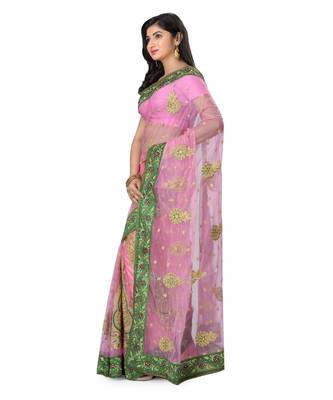 Pink Embroidered Super_Net Saree With Blouse 2