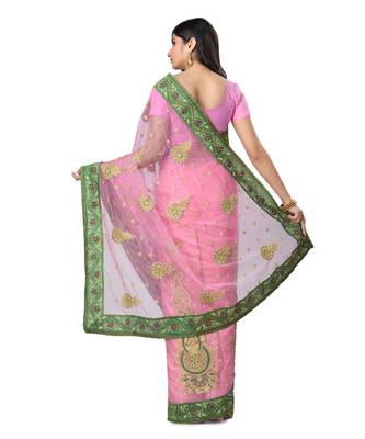 Pink Embroidered Super_Net Saree With Blouse 3