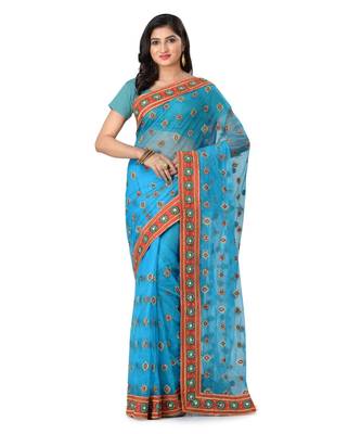 Turquoise Embroidered Super_Net Saree With Blouse 1