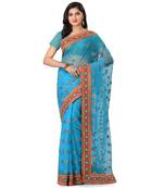 Turquoise Embroidered Super_Net Saree With Blouse