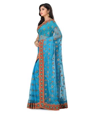Turquoise Embroidered Super_Net Saree With Blouse 2