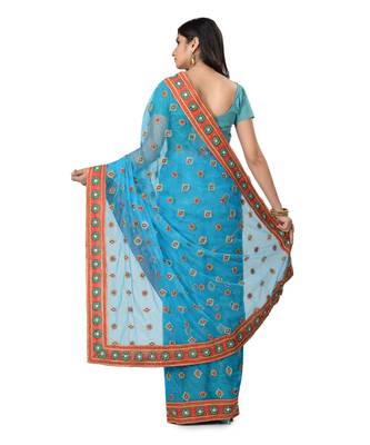 Turquoise Embroidered Super_Net Saree With Blouse 3