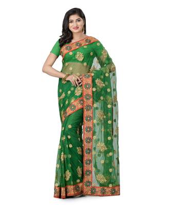 Green Embroidered Super_Net Saree With Blouse 1