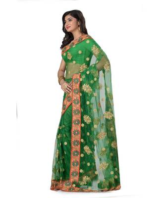 Green Embroidered Super_Net Saree With Blouse 2