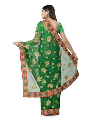 Green Embroidered Super_Net Saree With Blouse 3