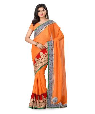 Orange Embroidered Shimmer Saree With Blouse 1