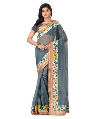 Grey Embroidered Super_Net Saree With Blouse 1