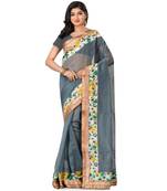 Grey Embroidered Super_Net Saree With Blouse