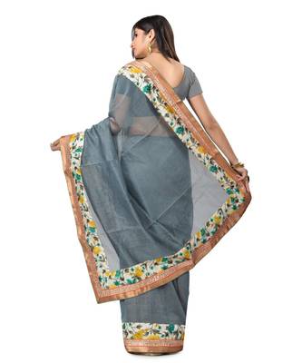 Grey Embroidered Super_Net Saree With Blouse 3