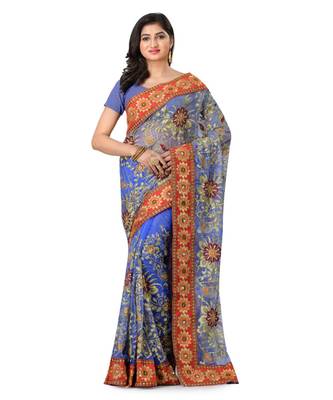 Blue Embroidered Super_Net Saree With Blouse 1