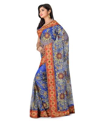 Blue Embroidered Super_Net Saree With Blouse 2